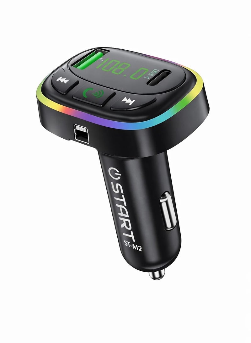 ST-M2 شاحن سيارة سريع 4 في 1 3.1 امبير اف ام بلوتوث مع منفذ تايب سي ومنفذ يو اس بي ودعم كارت ذاكرة واضاءة ار جي بي سبع الوان للسيارات